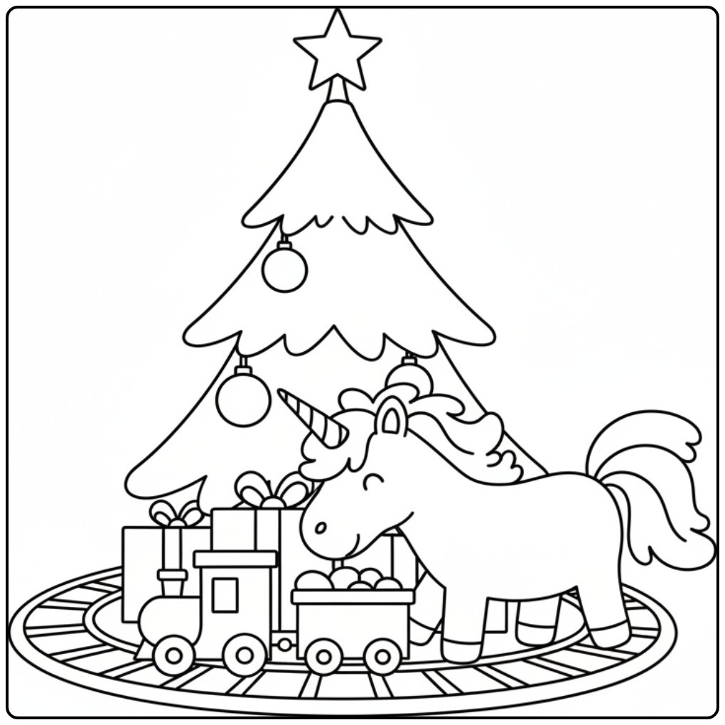 Unicorn Under Christmas Tree for the Holidays 2 coloring page