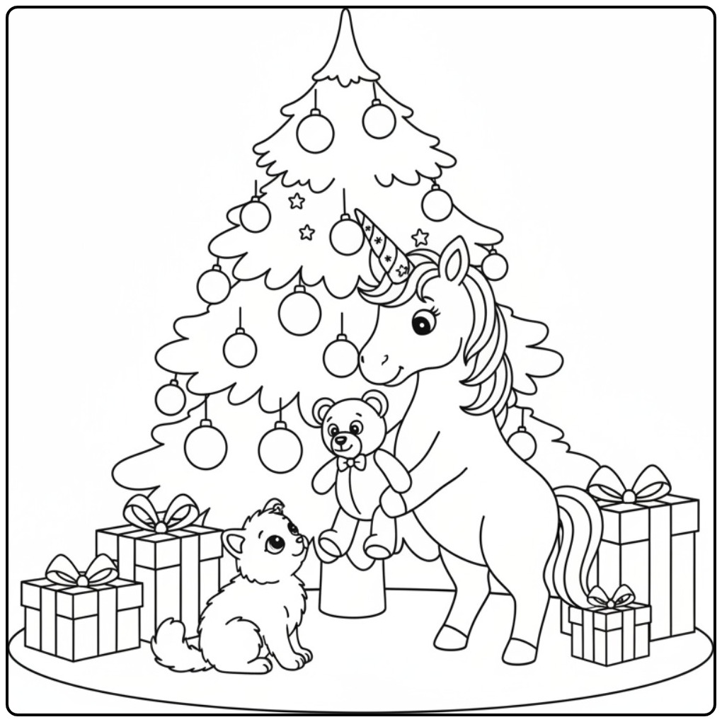 Unicorn Under Christmas Tree for the Holidays 3 coloring page
