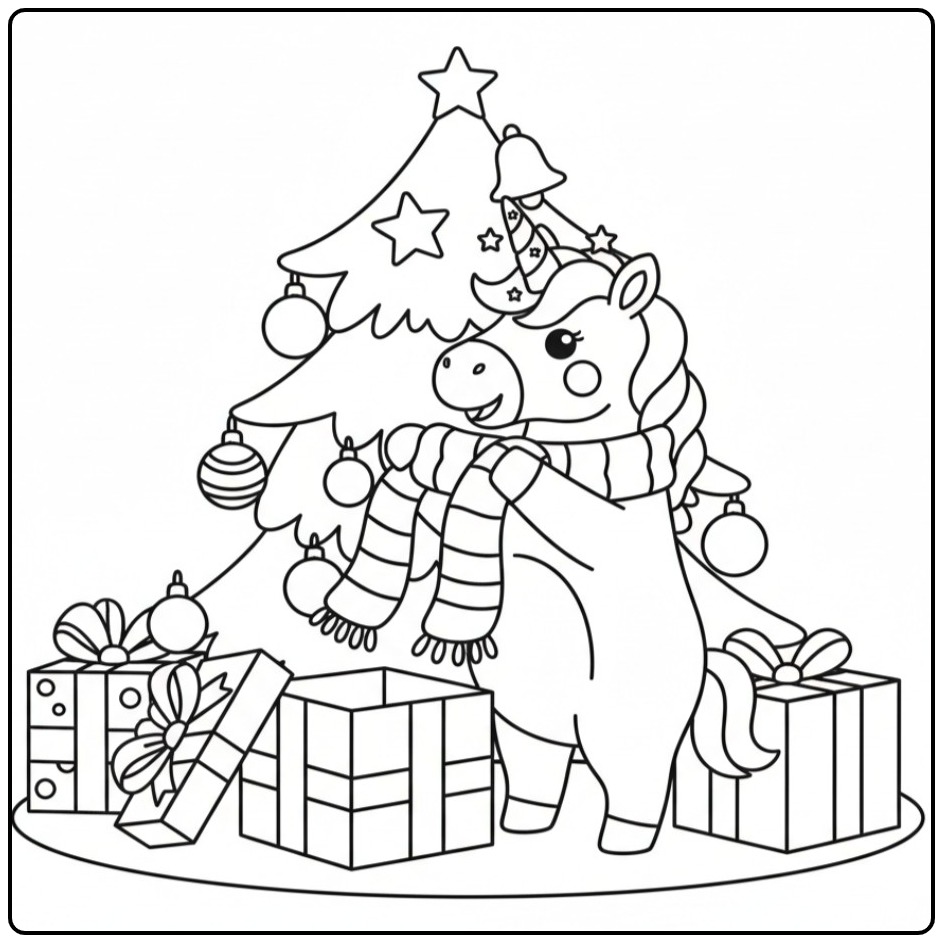 Unicorn Under Christmas Tree for the Holidays 4 coloring page