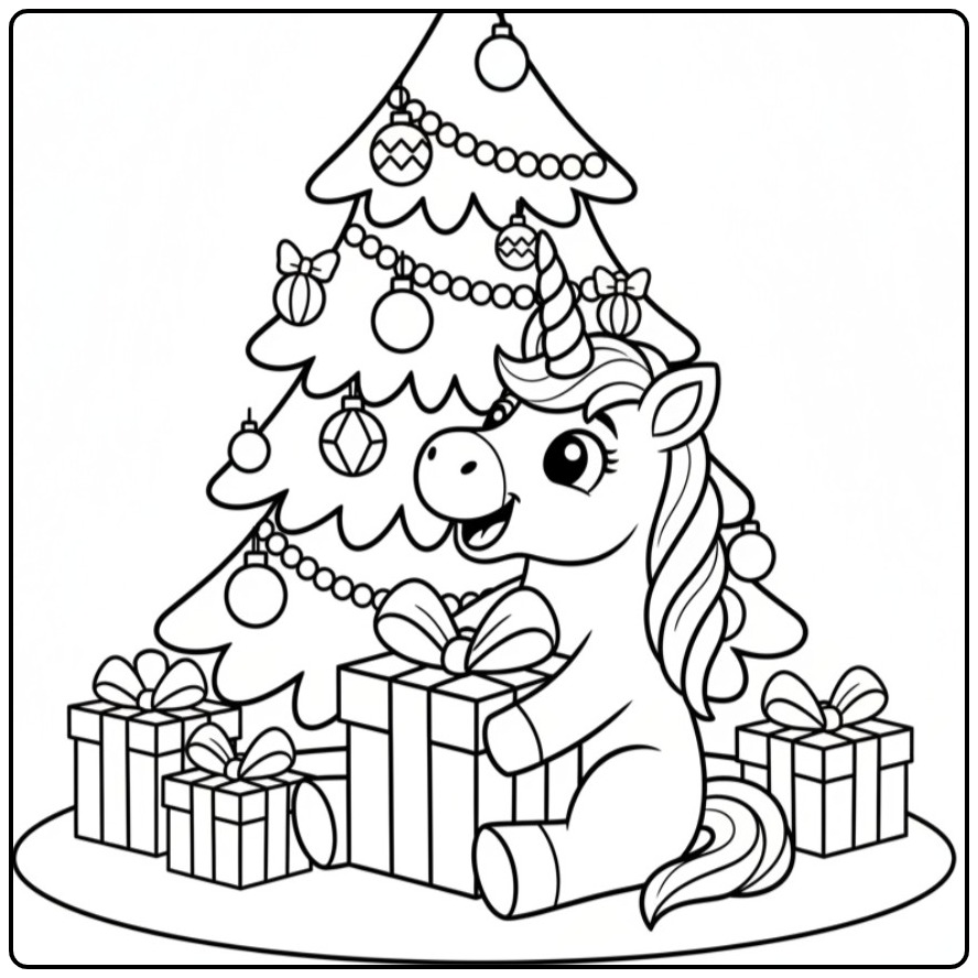 Unicorn Under Christmas Tree for the Holidays coloring page