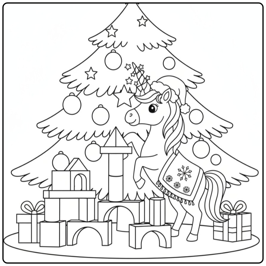 Unicorn Under the Christmas Tree for Children coloring page
