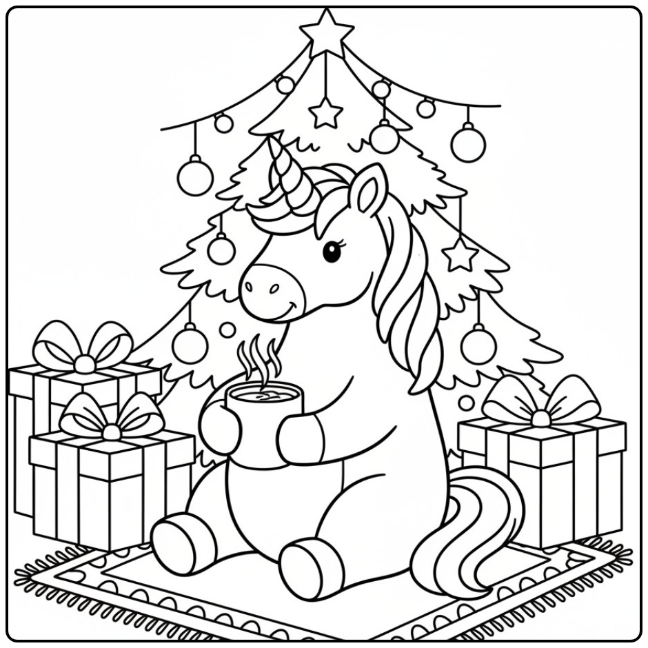 Unicorn Under the Christmas Tree for Fun 1 coloring page