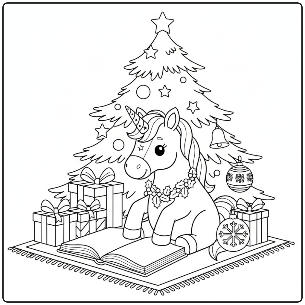 Unicorn Under the Christmas Tree for Fun coloring page