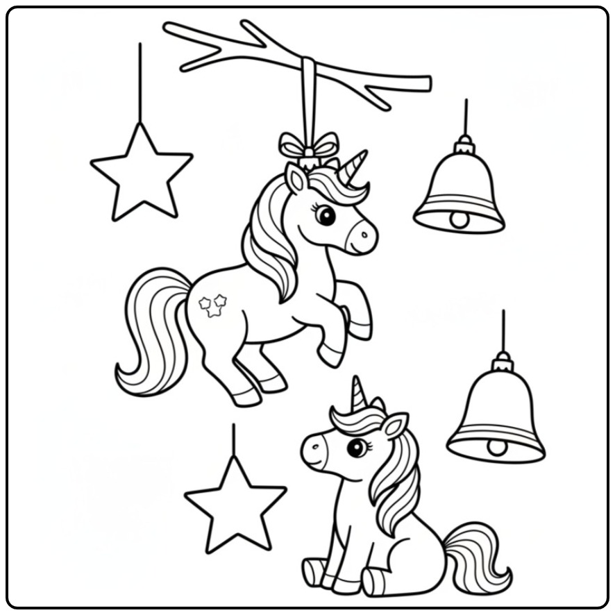 Christmas Unicorn Ornaments and Decorations Festive coloring page