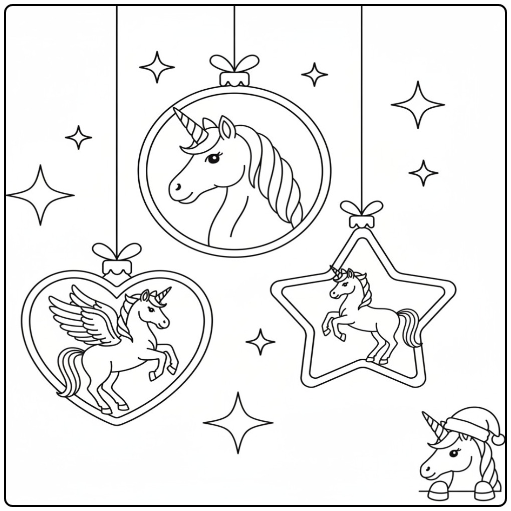 Christmas Unicorn Ornaments and Decorations for Creatievelingen coloring page