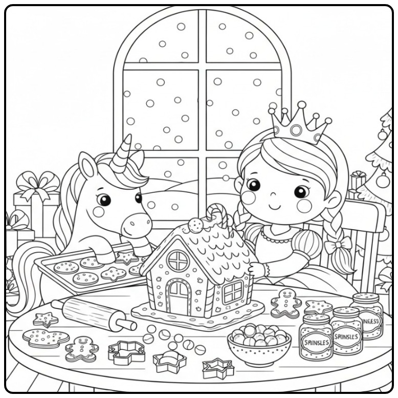 Christmas Princess Unicorn Gingerbread House Decorating coloring page