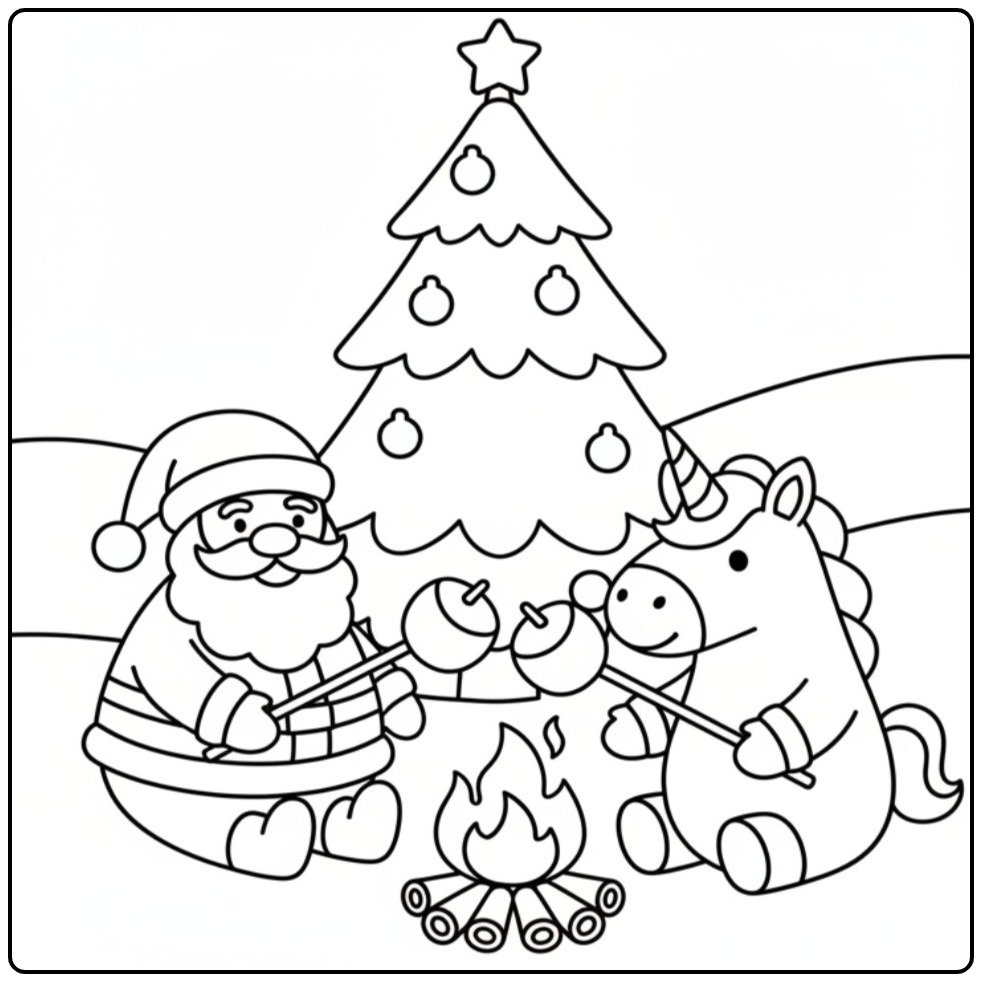 Santa and Christmas Unicorn the Campfire coloring page