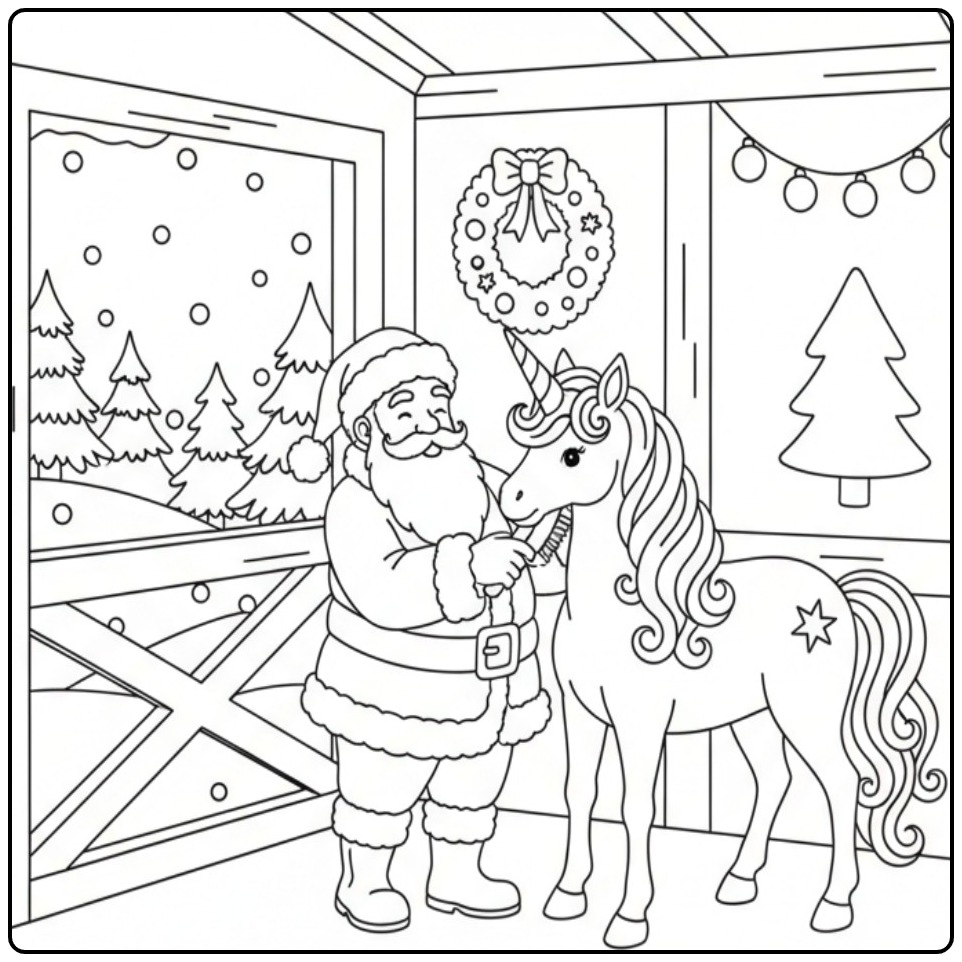 Santa and Christmas Unicorn Festive Vacation Page coloring page