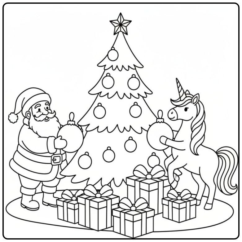 Santa and Unicorn Christmas Tree Decorating Maar coloring page
