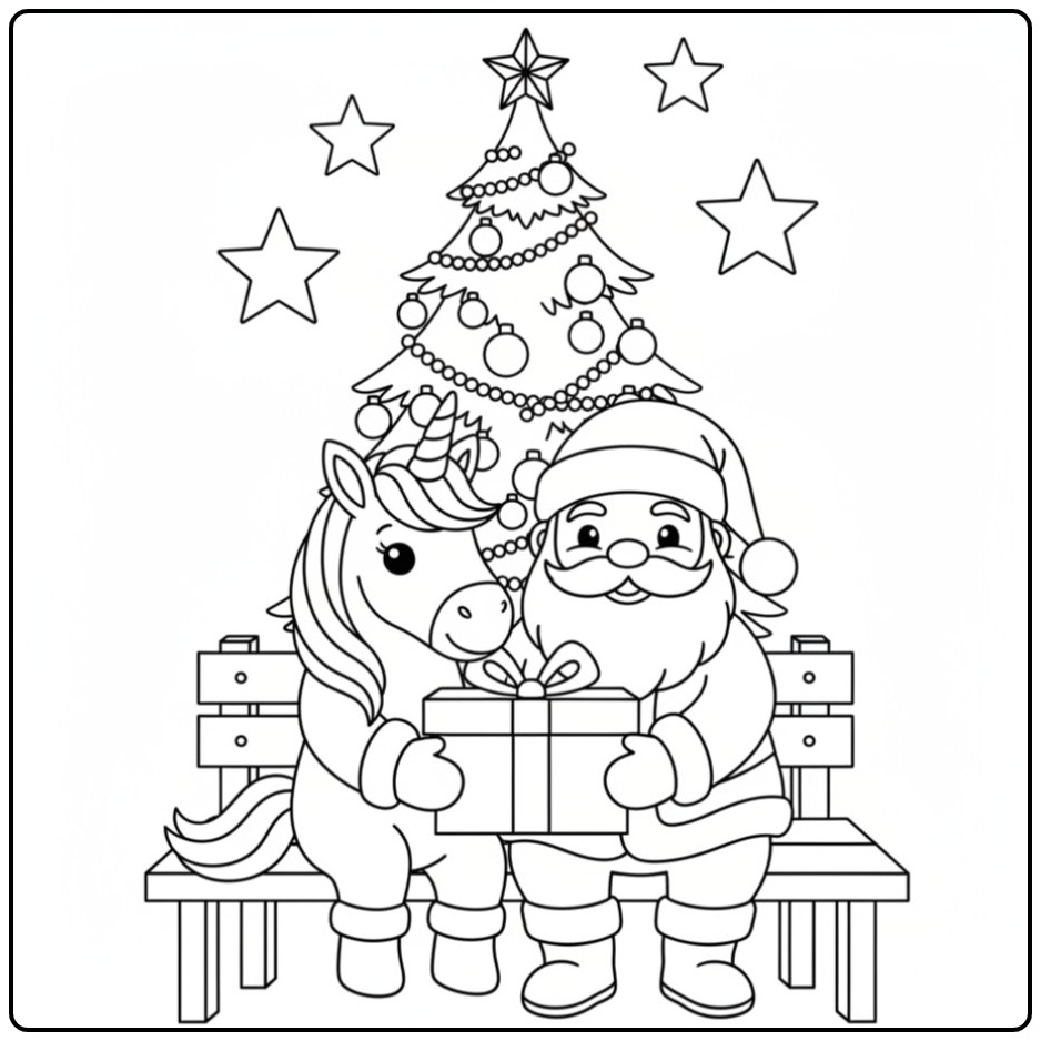 Santa and Unicorn Under the Christmas Tree coloring page