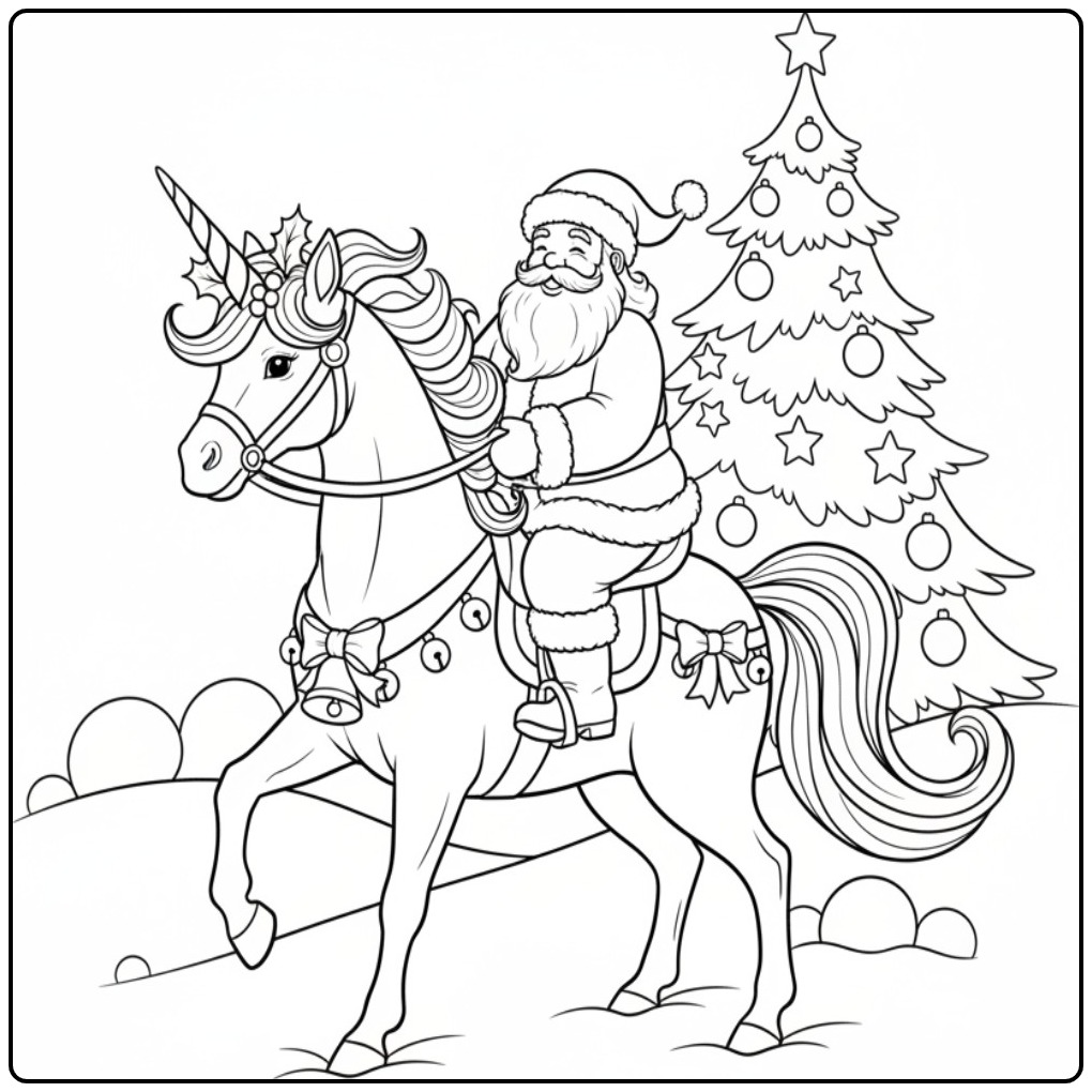Santa and Christmas Unicorn for the Holidays 1 coloring page