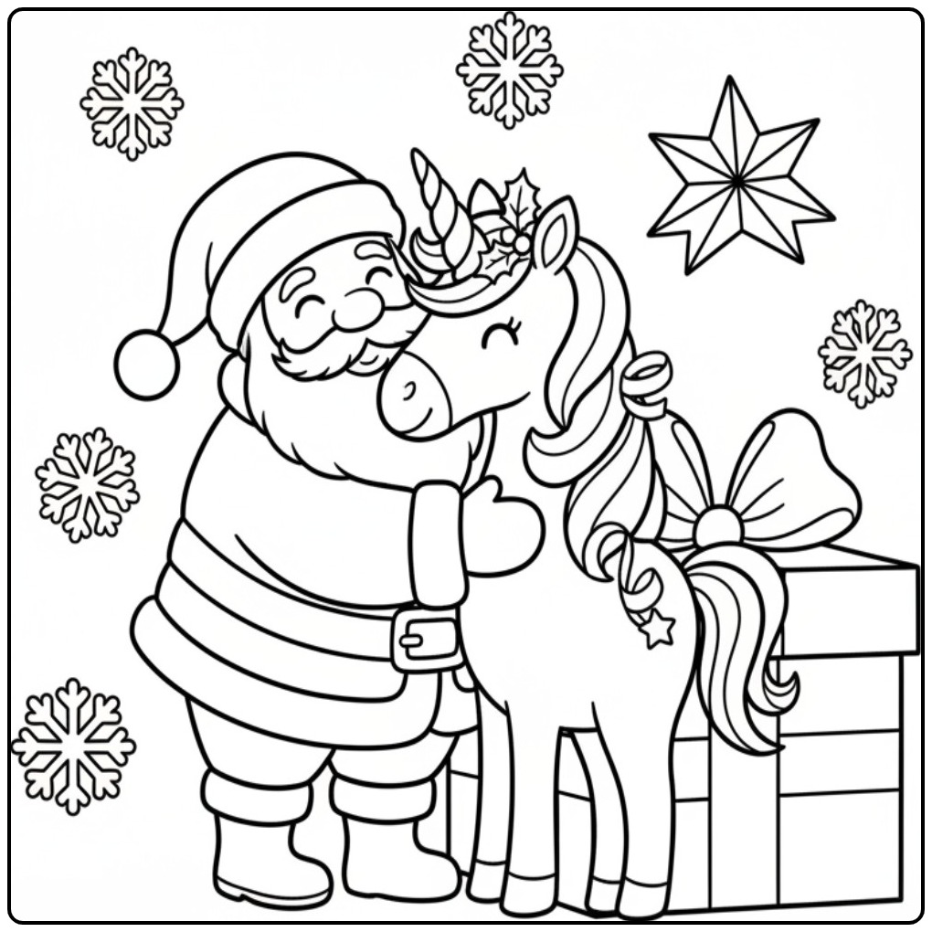 Santa and Christmas Unicorn for the Holidays 2 coloring page