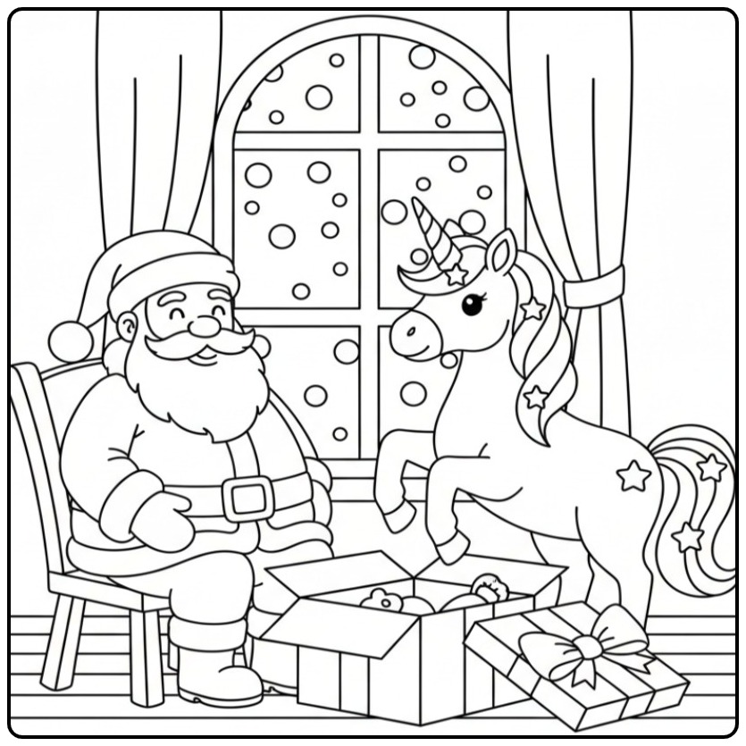 Santa and Christmas Unicorn for the Holidays 3 coloring page