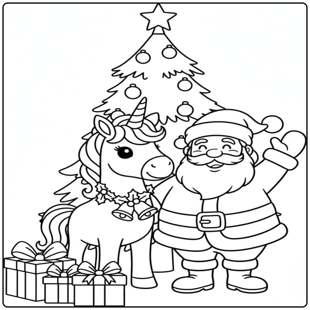 Santa and Christmas Unicorn for the Holidays coloring page