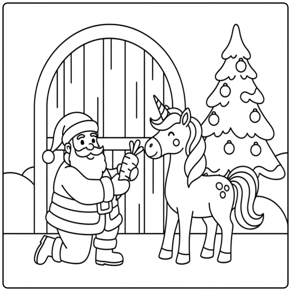 Santa and Christmas Unicorn for Children coloring page