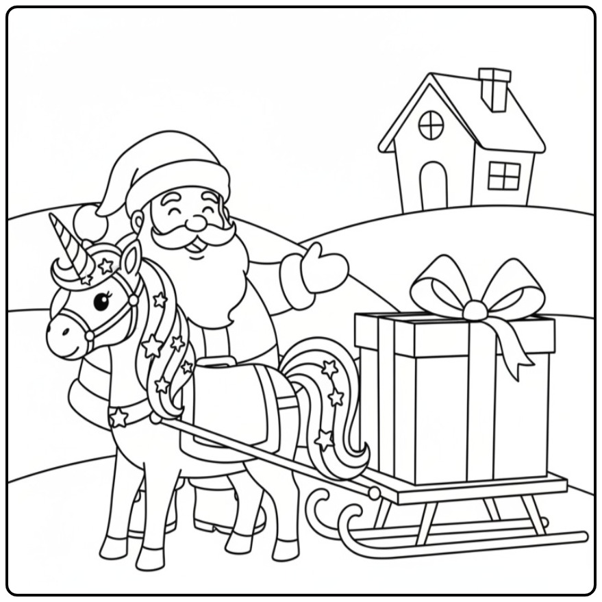 Santa and Christmas Unicorn for Hours Coloring Fun coloring page
