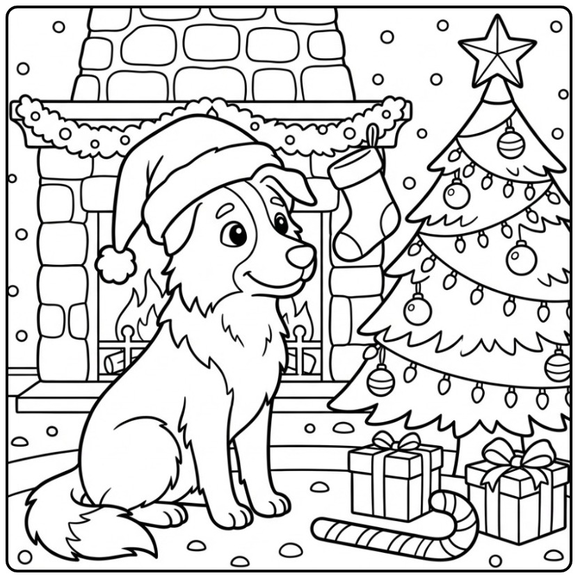 Border Collie Waiting for Santa by the Fireplace coloring page