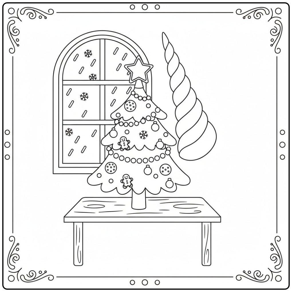 Scene Unicorn Horn Christmas coloring page