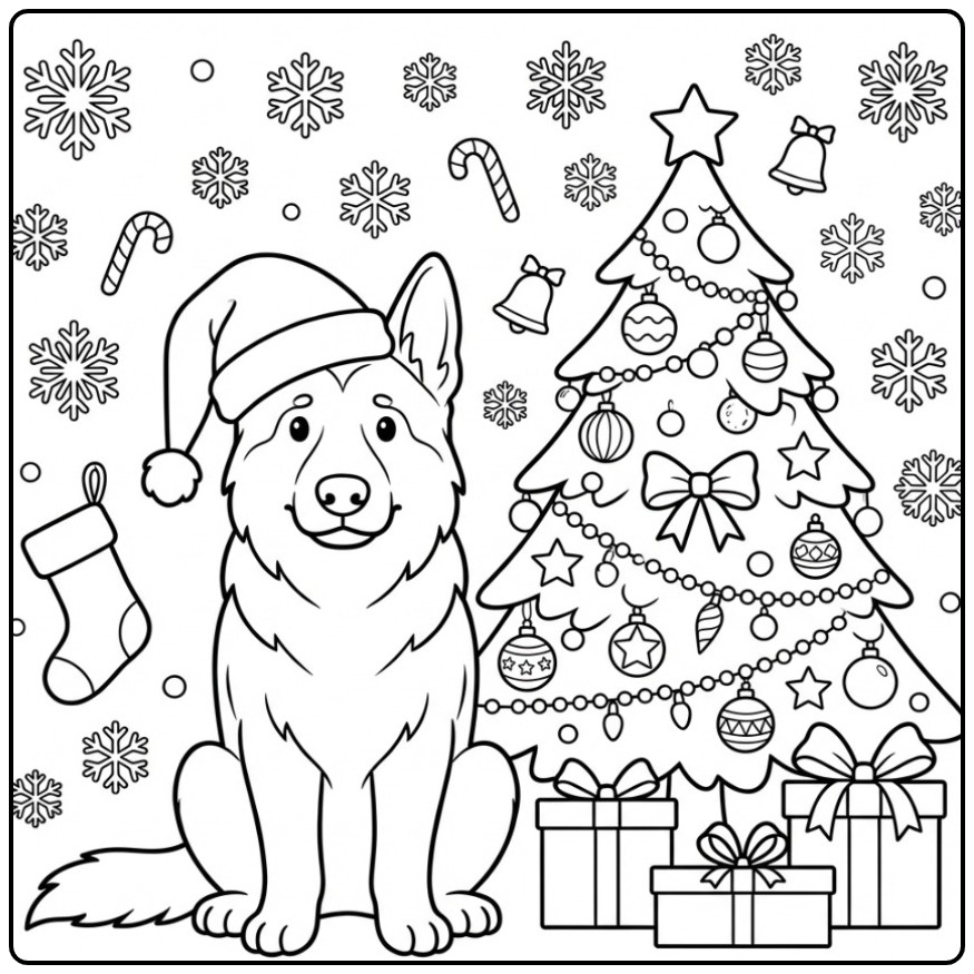 Kerstscne German Shepherd with Festive Gifts coloring page