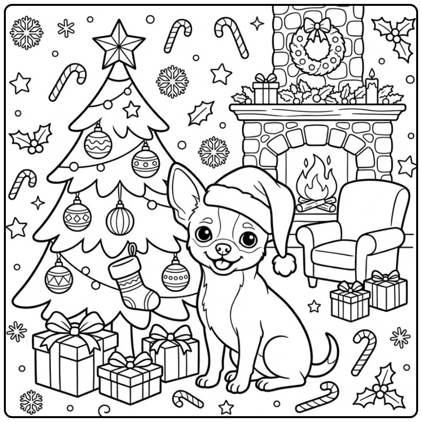 Kerstscne with a Fun Chihuahua Dog coloring page