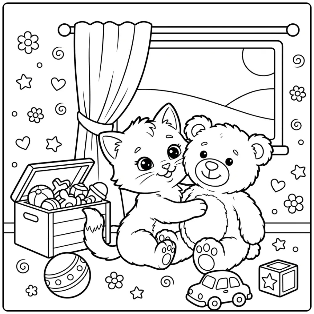 Easy Kitten Hugging a Big Teddy Bear coloring page