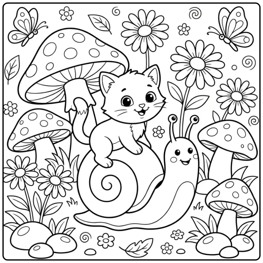 Easy Kitten Riding a Happy Snail coloring page