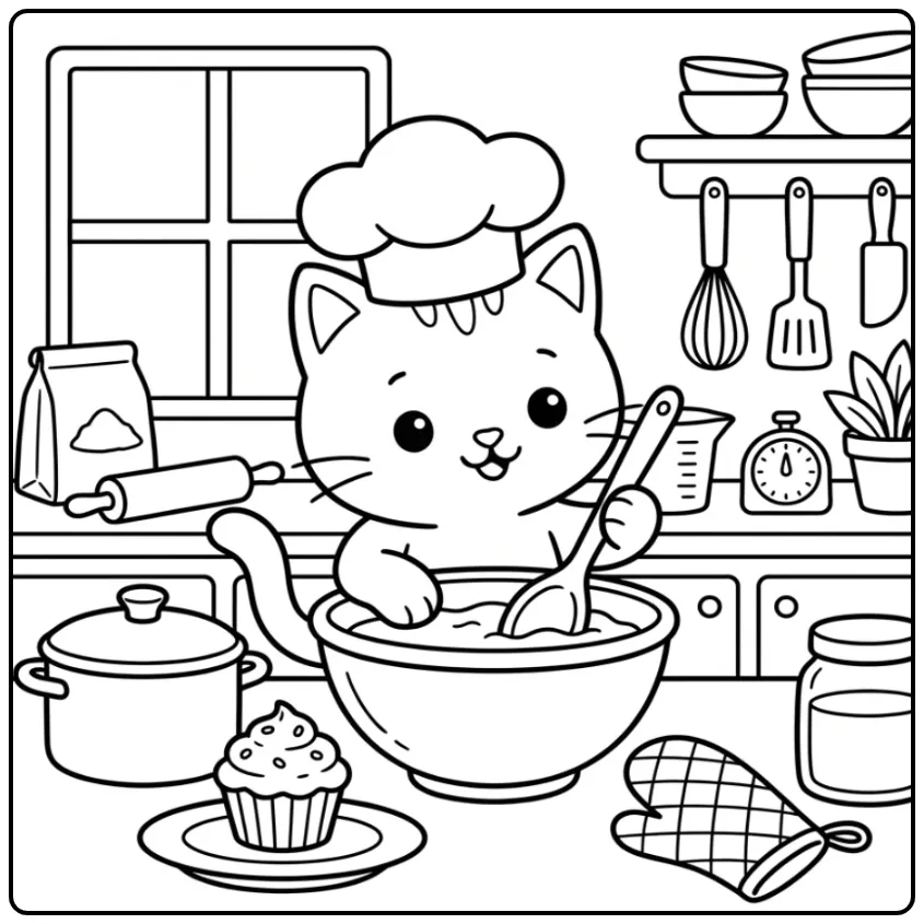 Easy Kitten Chef Stirring a Bowl coloring page