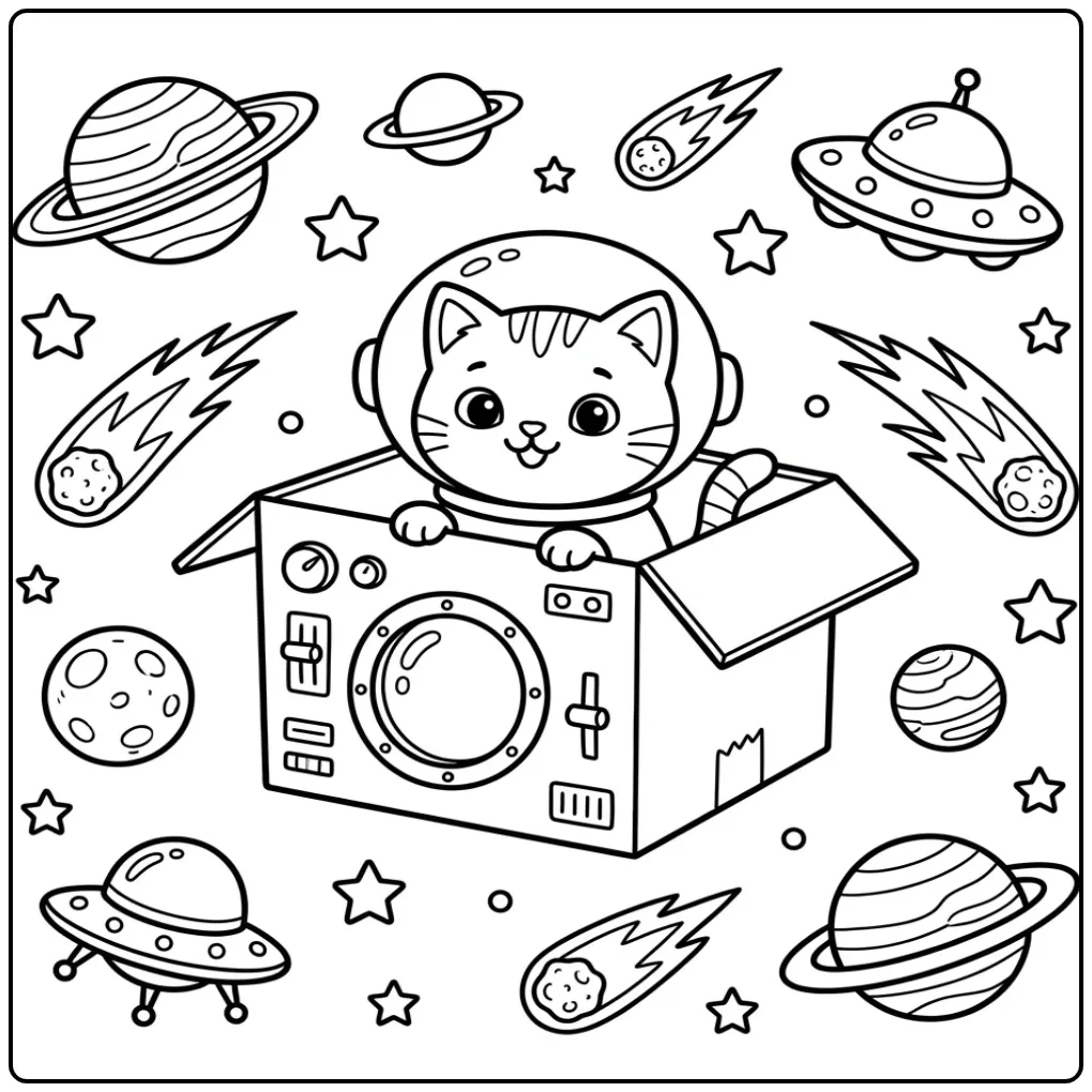 Easy Kitten with a Cardboard Spaceship coloring page