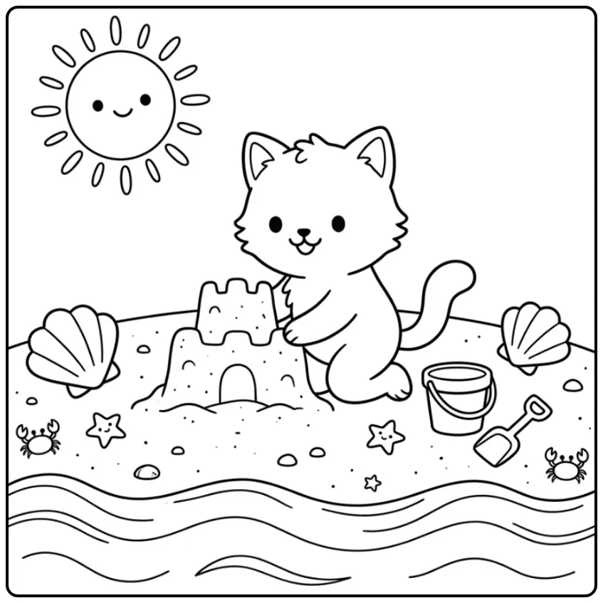 Easy Kitten on the Beach with Bucket and Shovel coloring page
