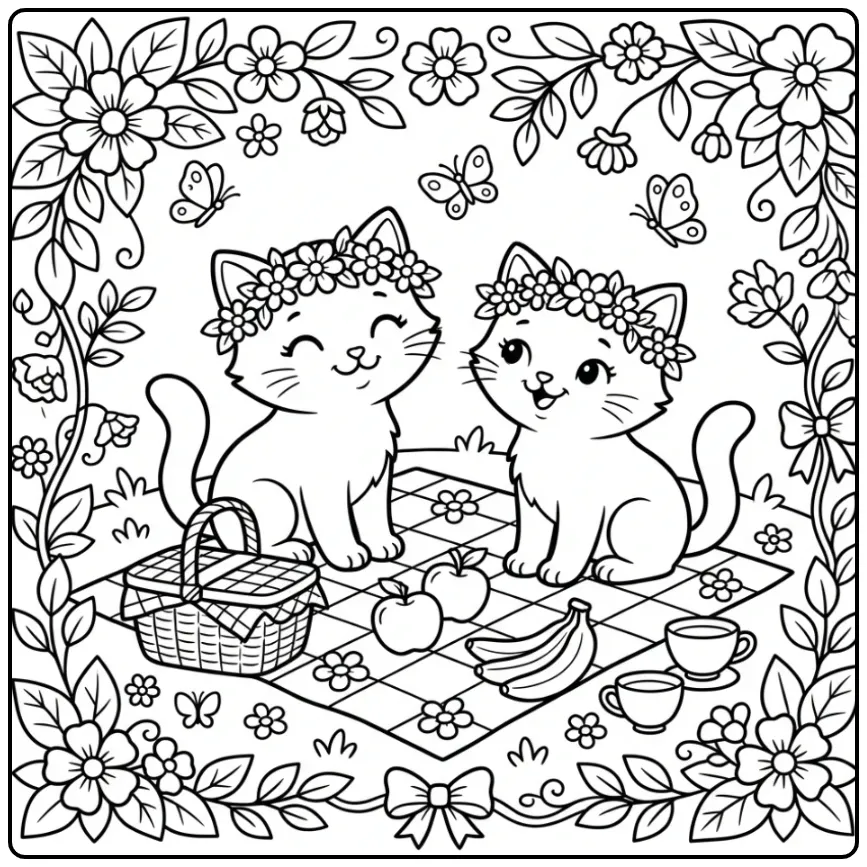 Easy Kittens Picnic with Flowers coloring page
