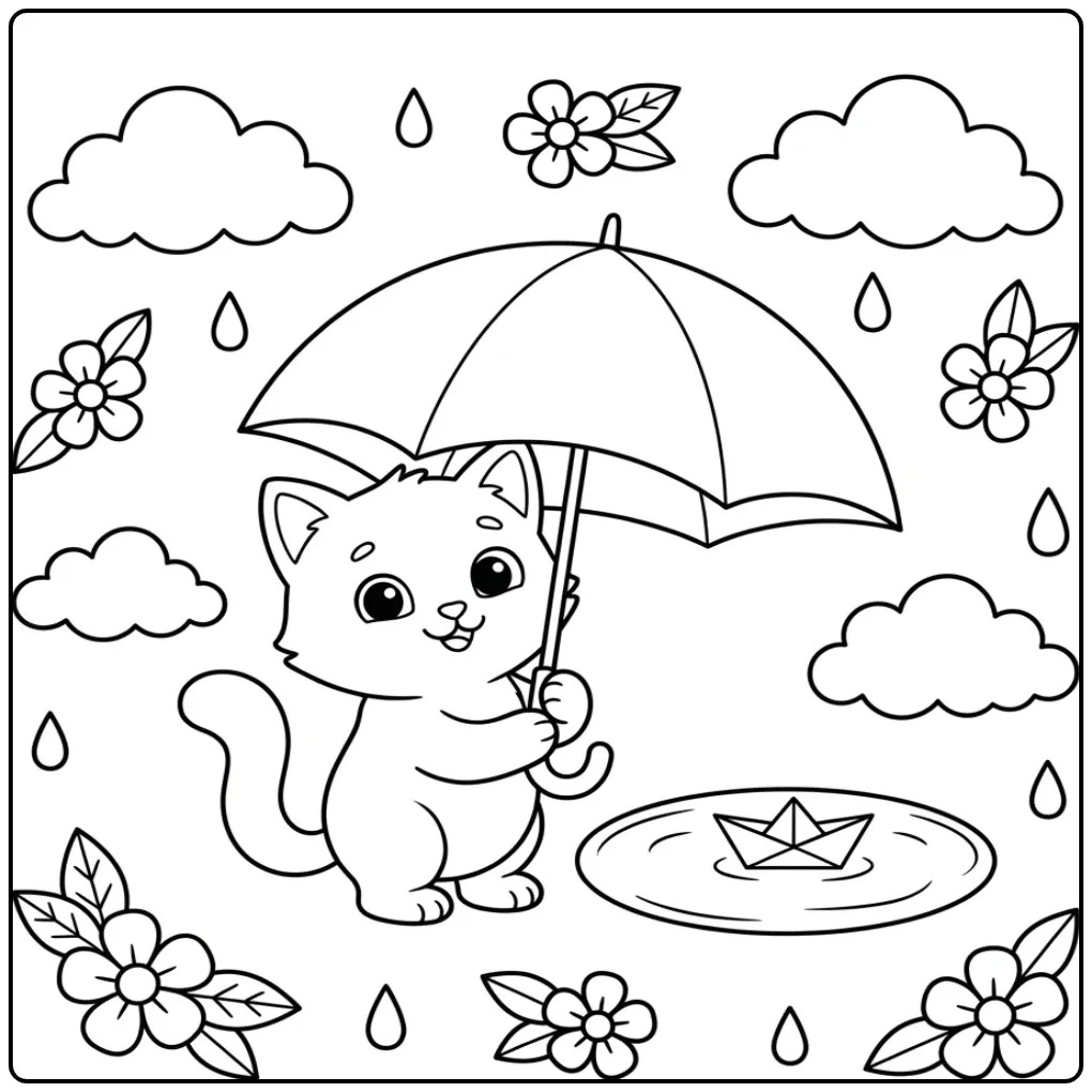 Easy Kitten in the Rain with a Small Boat coloring page