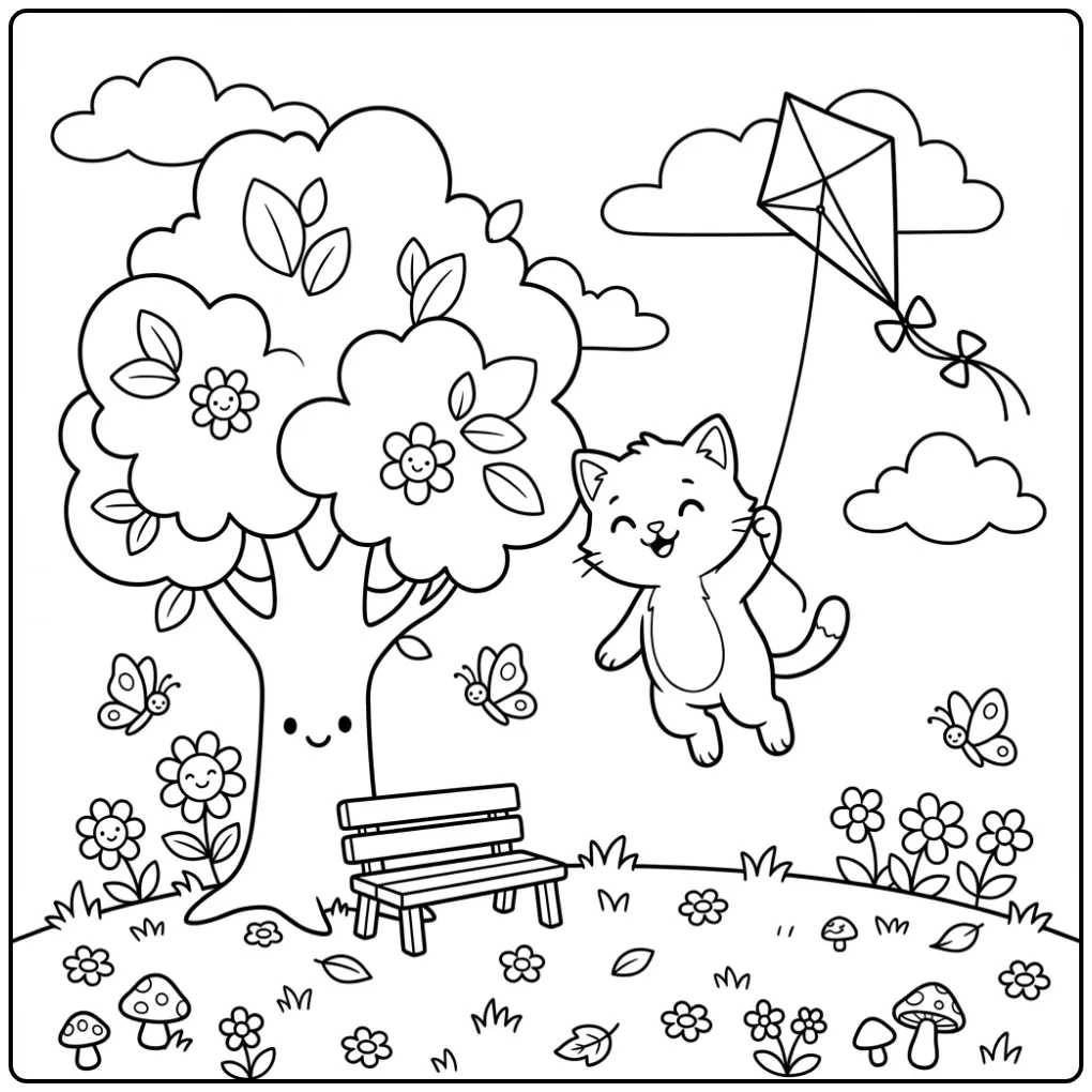 Easy Kitten Flying a Kite in the Park coloring page