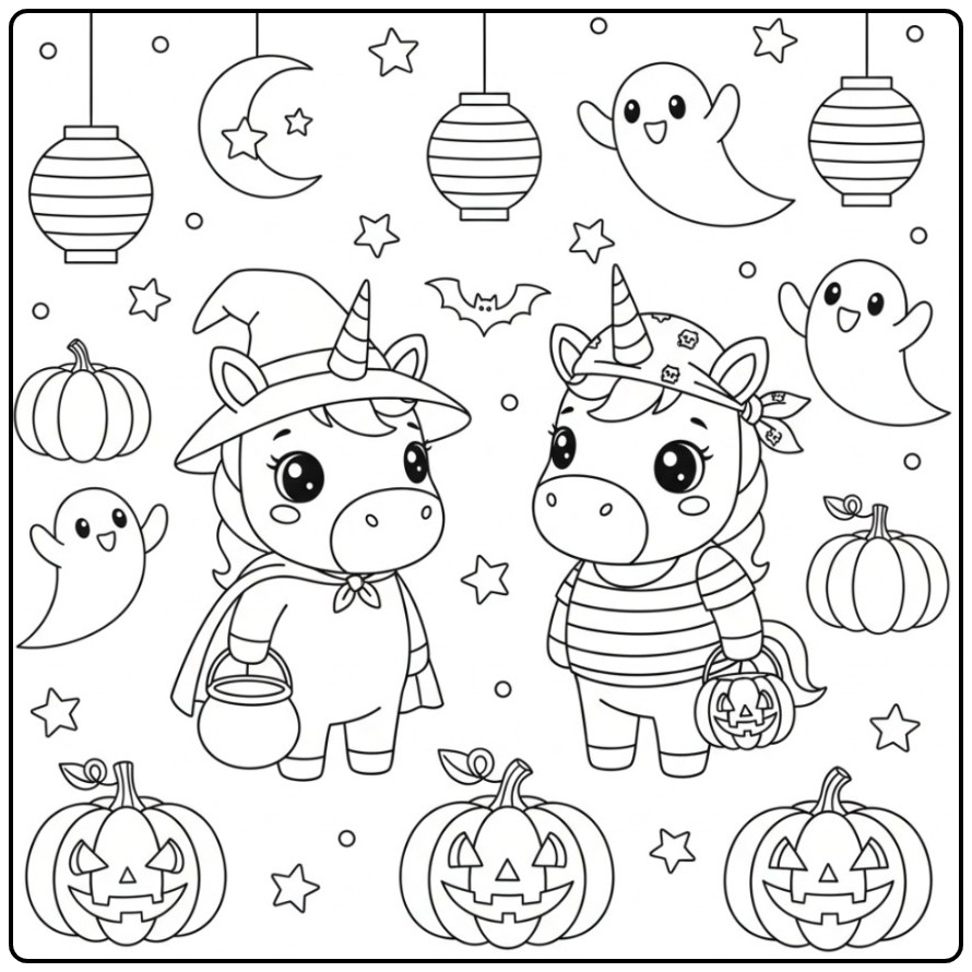 Color This Easy Halloween Unicorn Little Ghosts coloring page