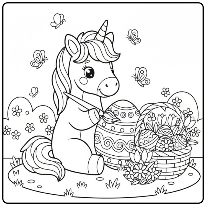 Color This Cute Unicorn Paascoloring Page with Easter Basket coloring page