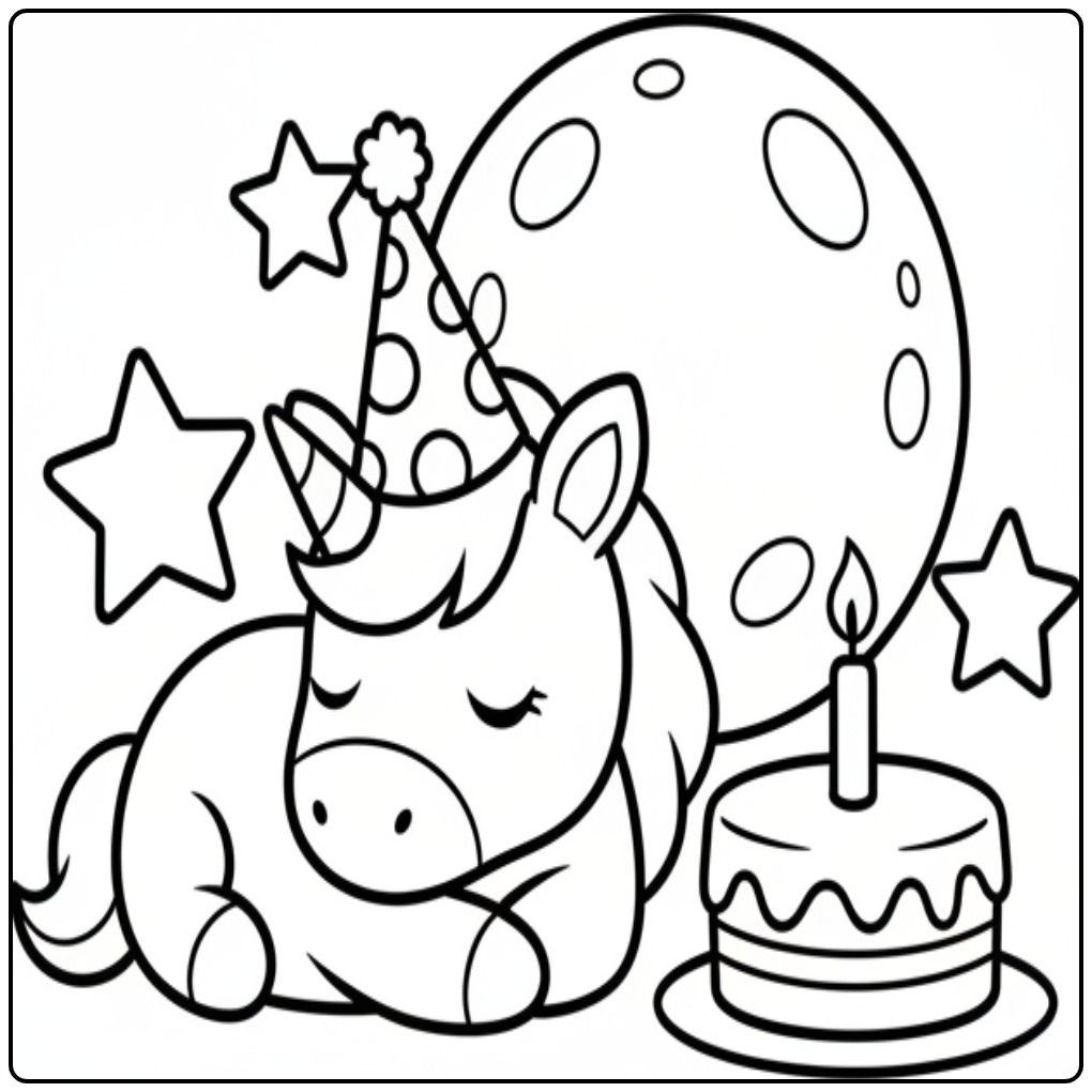 Color This Cheerful Birthday Cake Unicorn with Moon and Stars coloring page