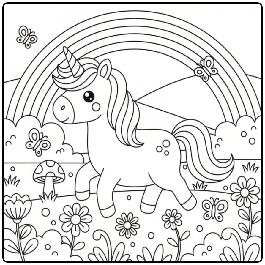 Kleurenpret with This Unicorn Rainbow and Her Flowers coloring page