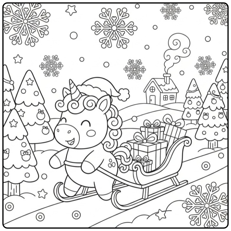 Baby Unicorn Christmas Bringing Gifts Around coloring page