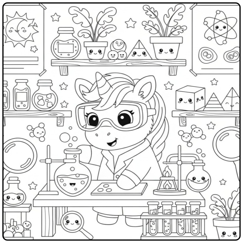 Baby Unicorn on School Doing a Magical Proefje coloring page