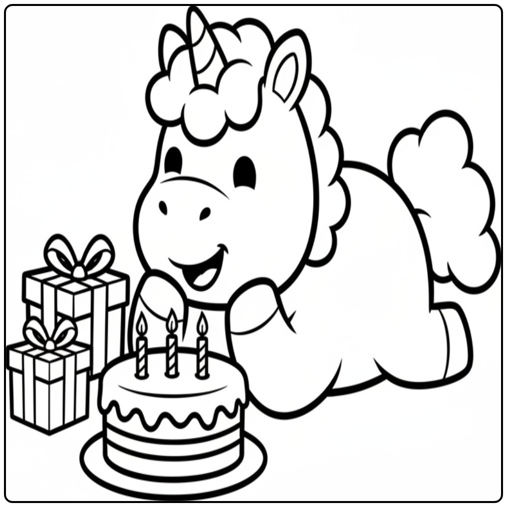 Happy Birthday Unicorn and Cake coloring page