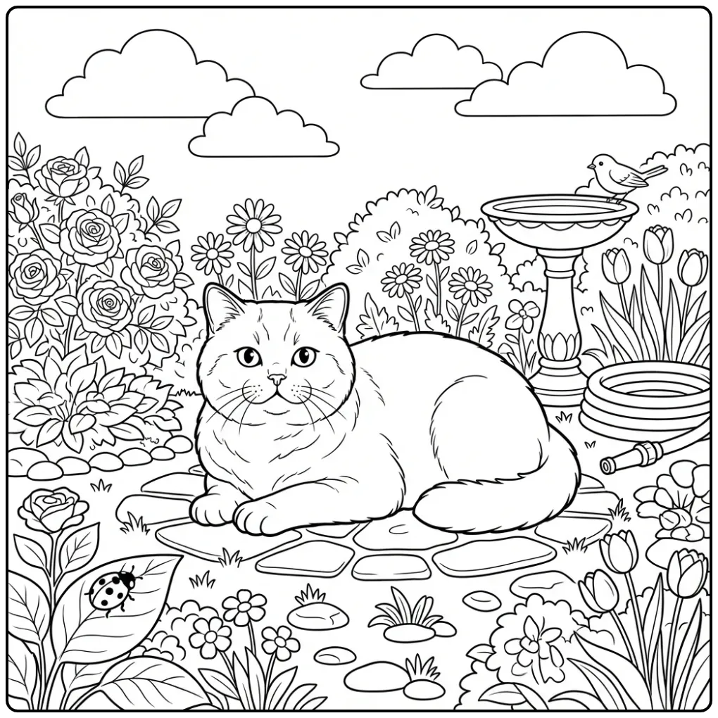 British Shorthair coloring page in a flower garden