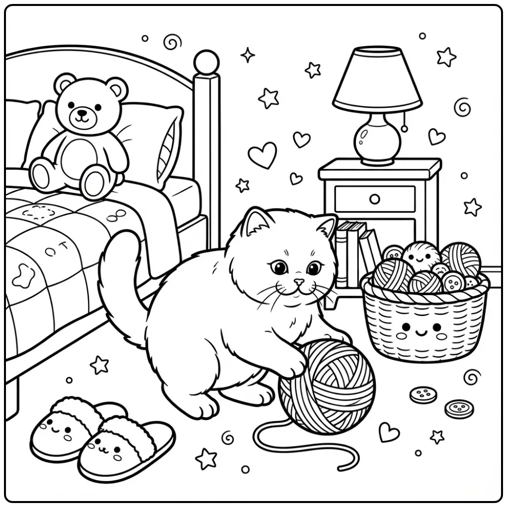 British Shorthair coloring page with a ball of yarn