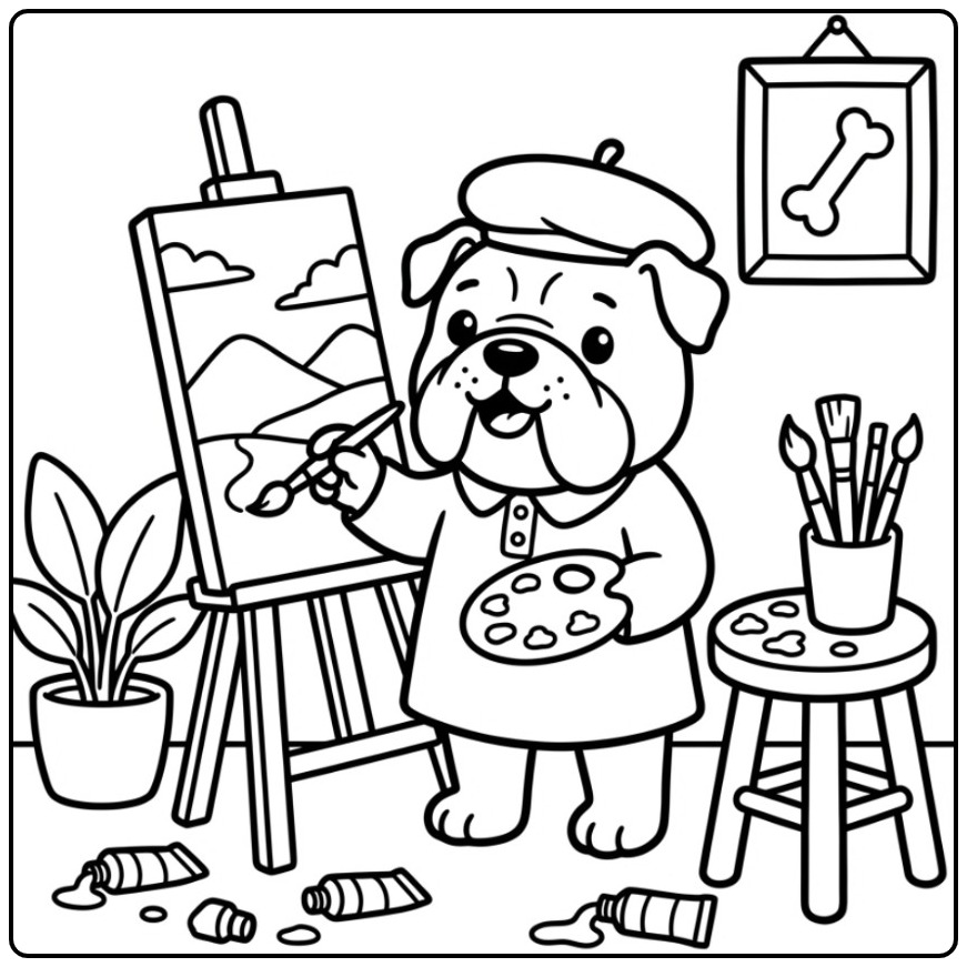 Bulldog Painter in an Art Studio coloring page