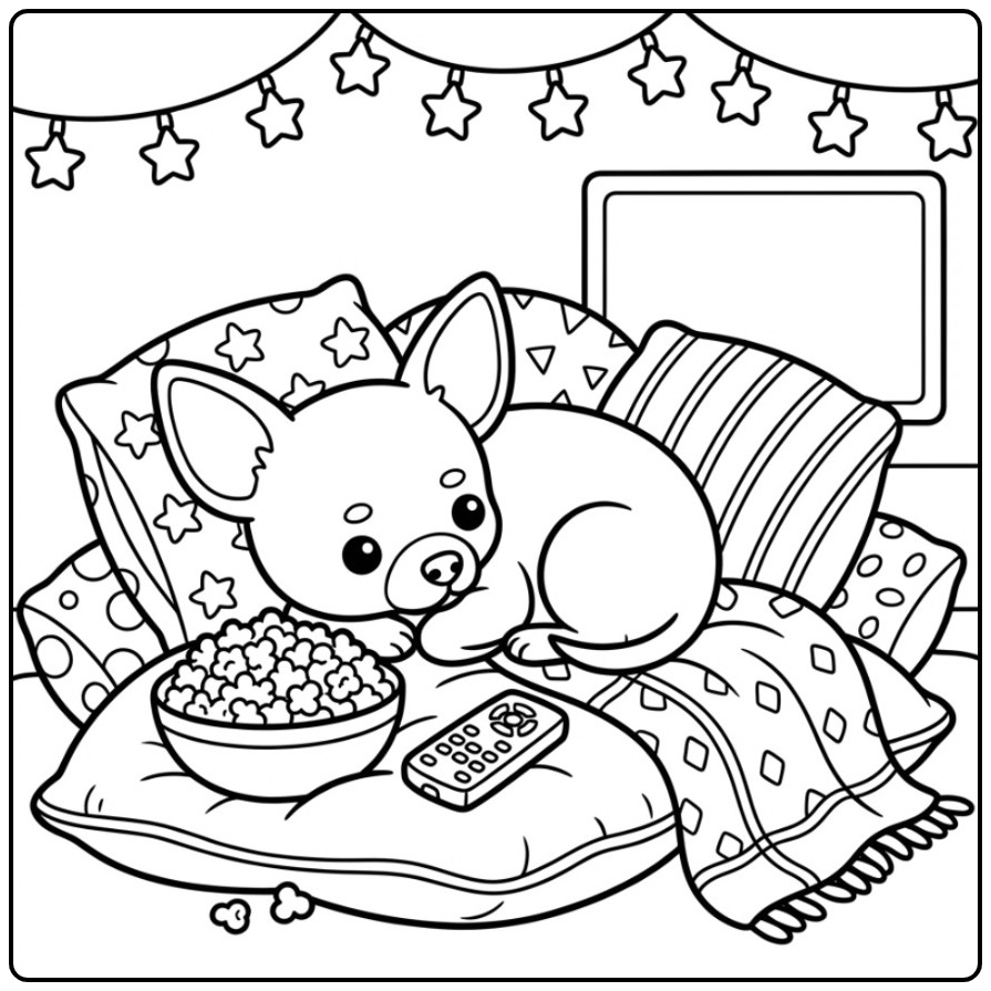 Chihuahua Relaxing with Popcorn and a Fun Movie coloring page