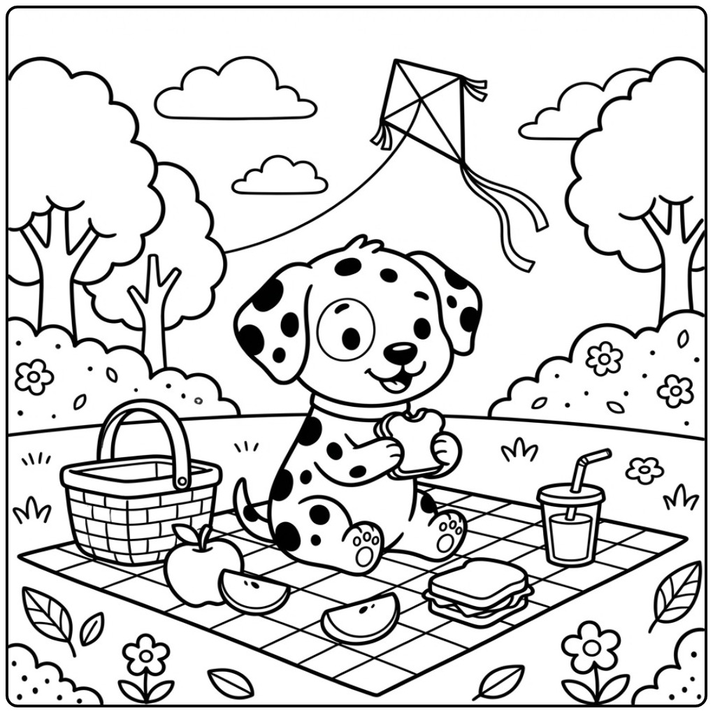 Dalmatian with Sandwich on a Picnic Blanket coloring page