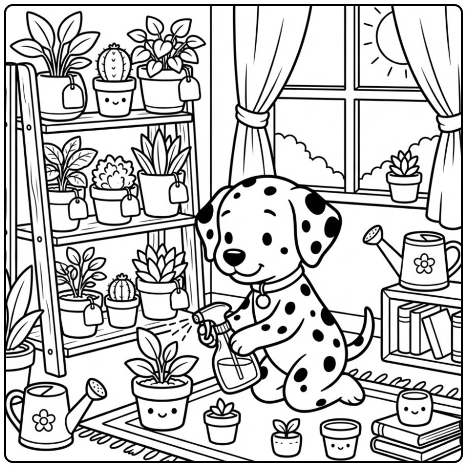 Dalmatian Pup with Spray Bottle and Many Plants coloring page
