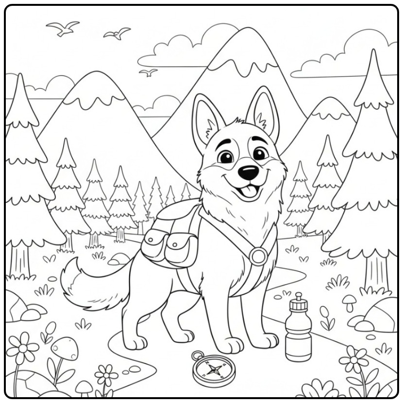 German Shepherd on Adventure in the Mountains coloring page