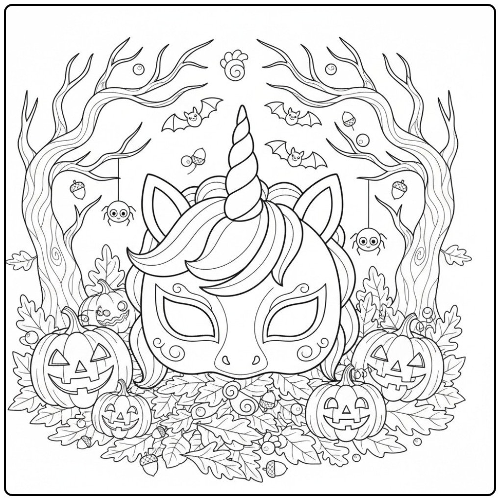 Unicorn Halloween Mask Spooky Magic coloring page