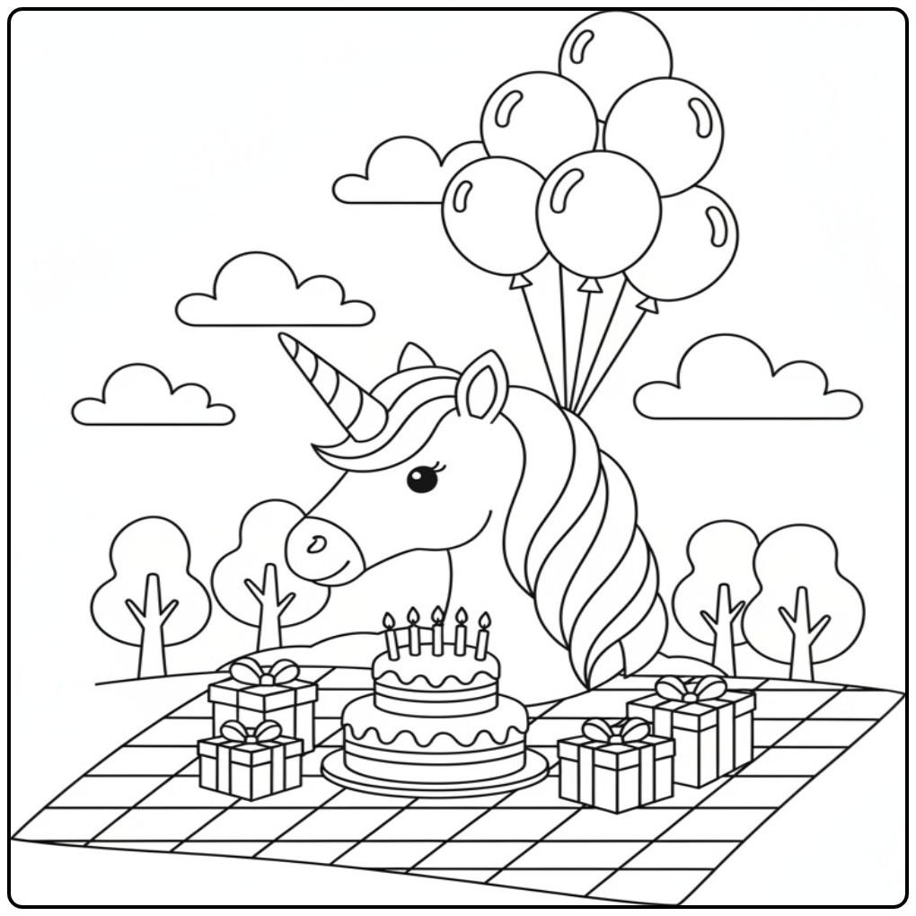 Unicorn Head with a Big Birthday Cake coloring page