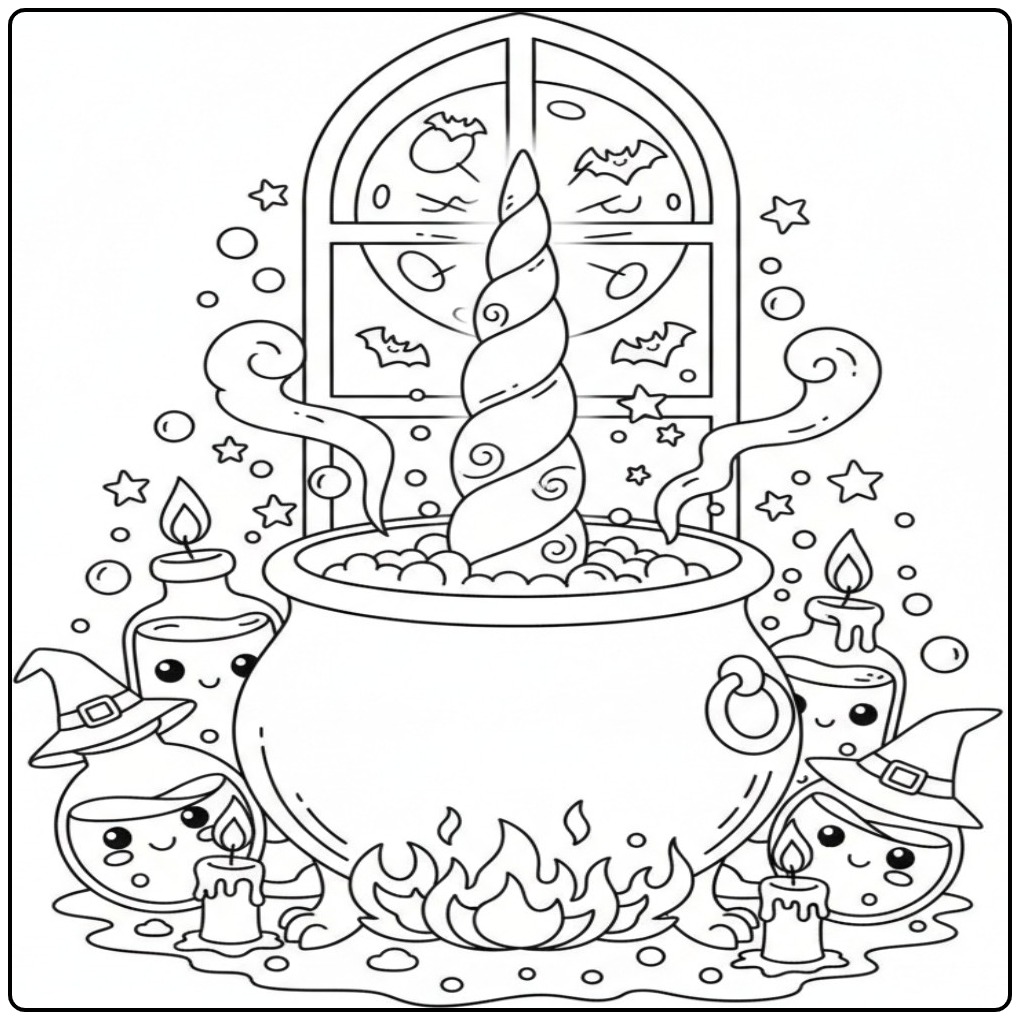 Unicorn Horn Halloween and Magical Magic Potions coloring page
