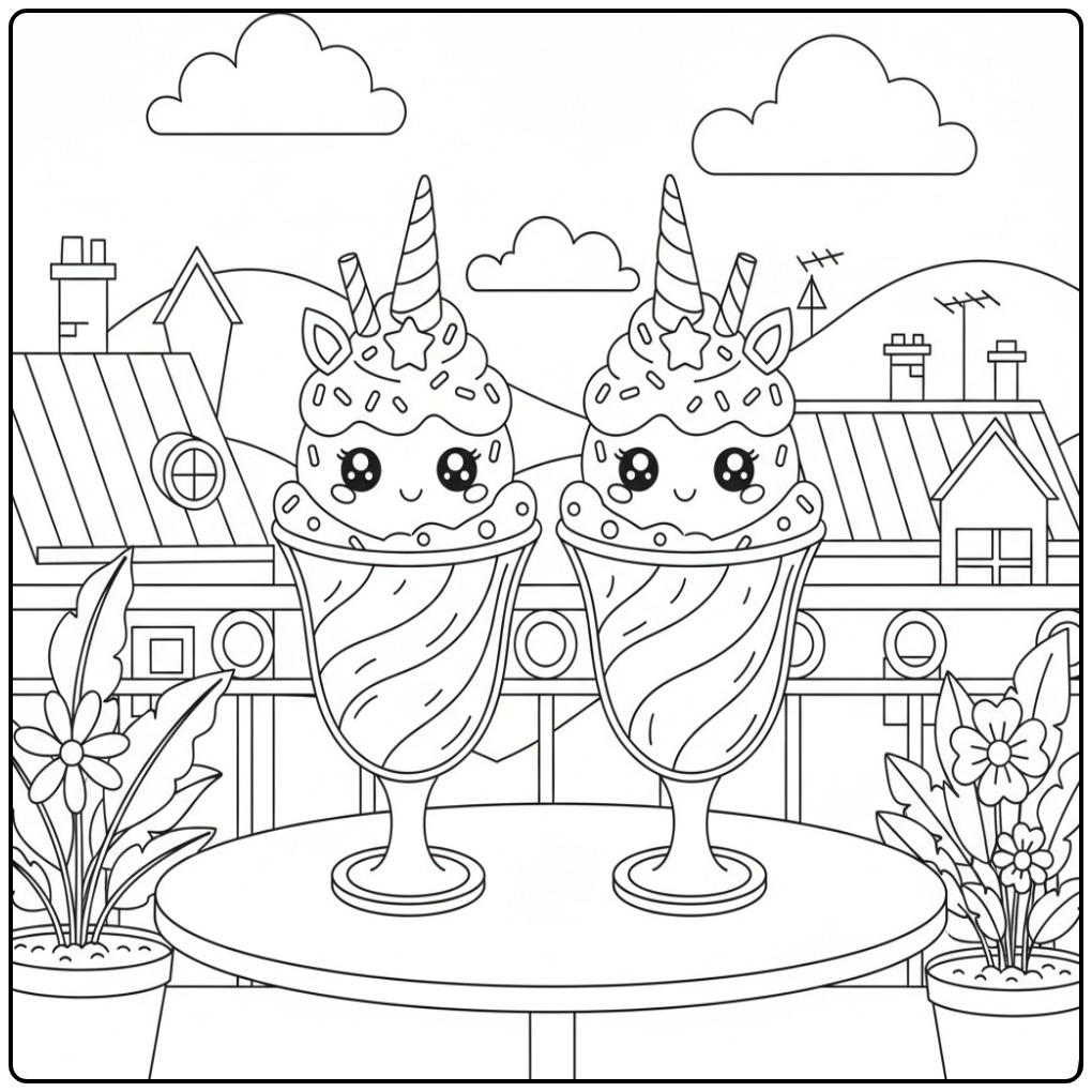 Unicorn Sundae in a Glass Cup Double Fun coloring page